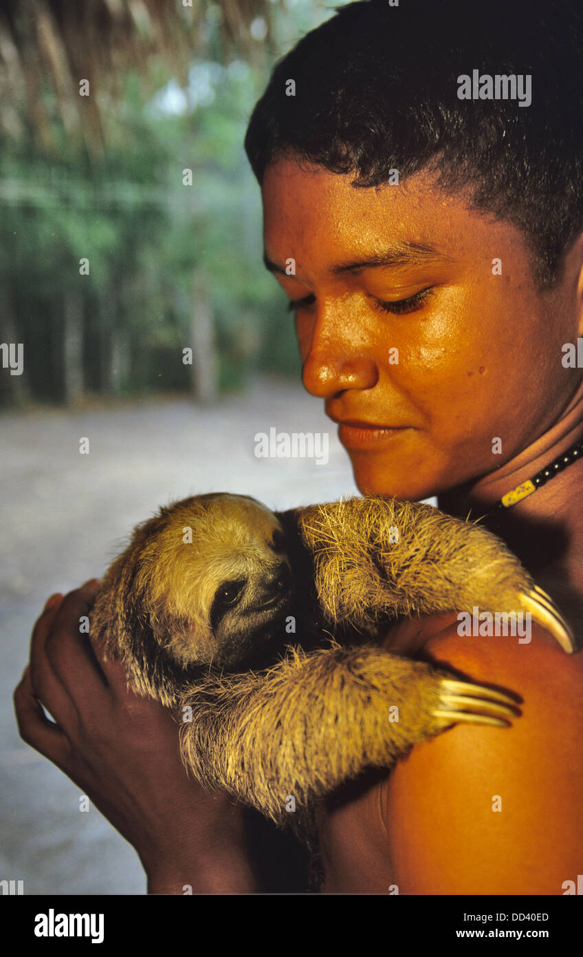 Ein Junge Zeigt Ein Haustier Faultier Im Amazon Dorf Cucuruna In Der Nahe Von Santarem Brasilien Stockfotografie Alamy