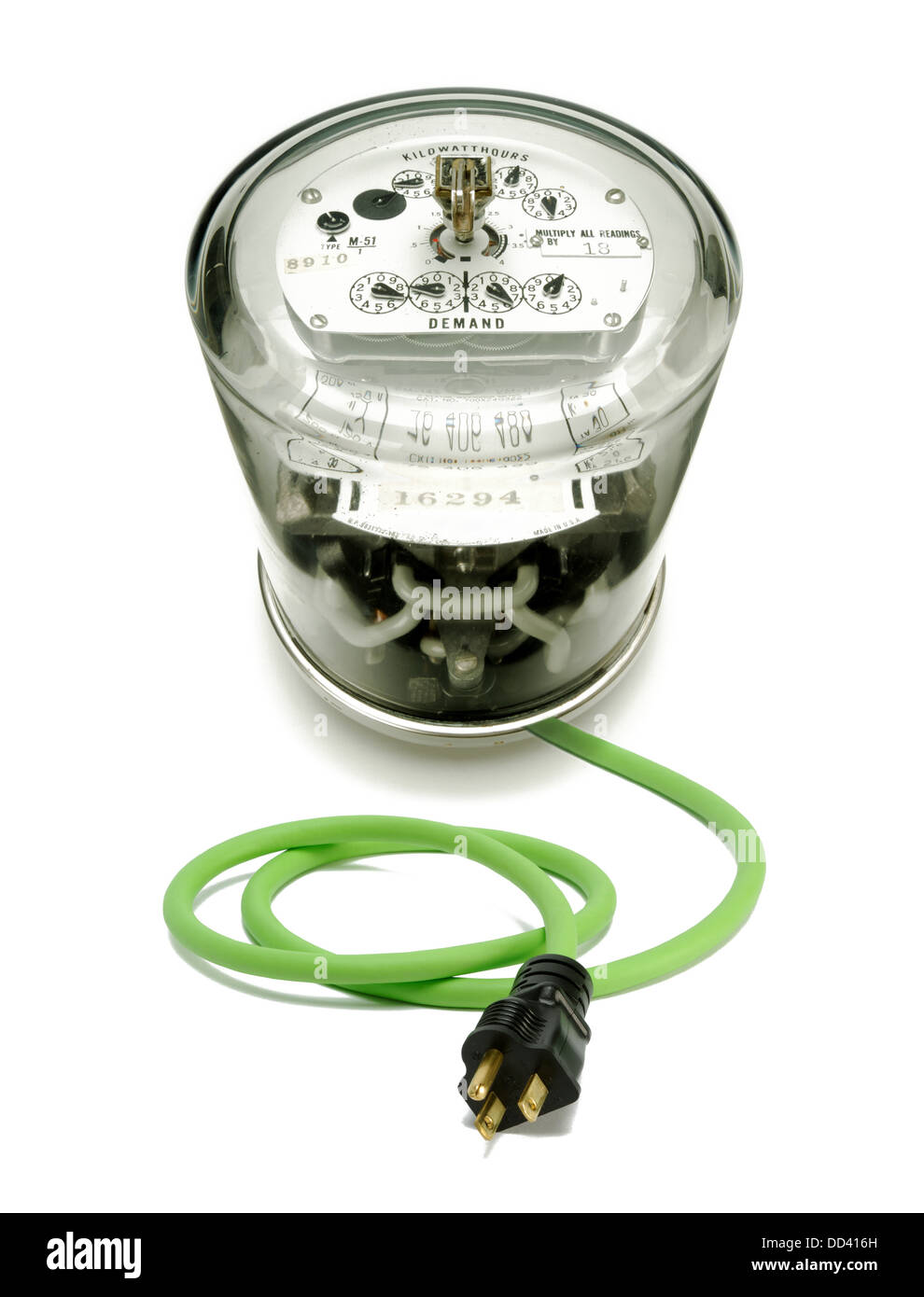 Eine elektrische Zähler mit einem grünen Kabel und Stecker Stockfoto