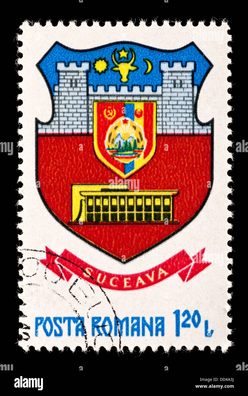 Briefmarke aus Rumänien, Wappen von Suceava darstellen. Stockfoto