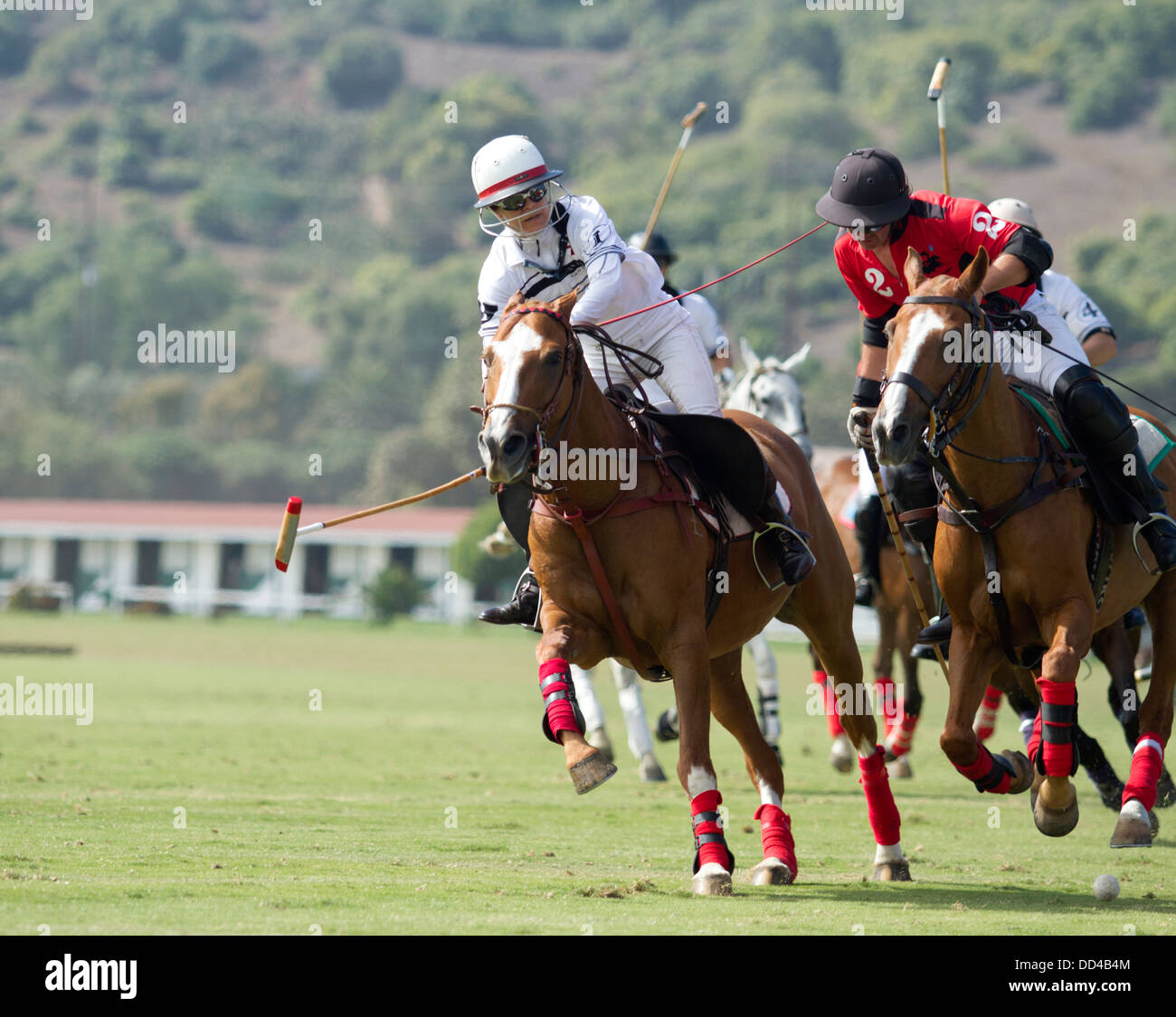 Polo-Spieler macht eine defensive Bewegung Stockfoto