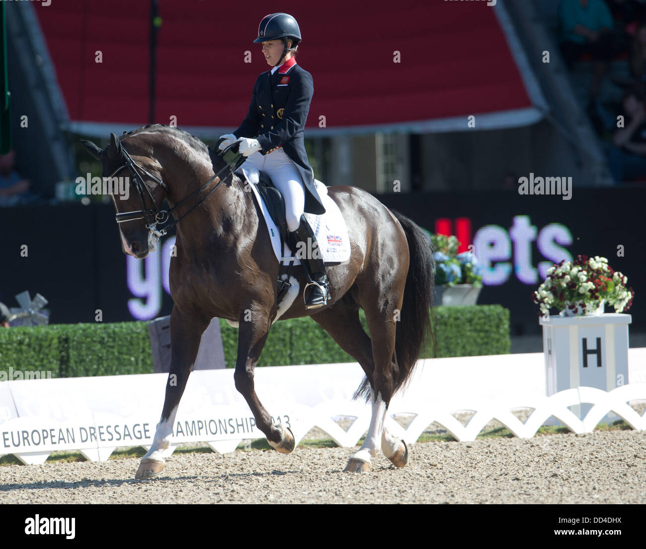 Britische Dressurreiterin Charlotte Dujardin führt ihre Fähigkeiten mit ihrem Pferd Valegro während der Grand-Prix-Wettbewerb der FEI Europameisterschaften im Springreiten, Dressur und Para-Dressur in Herning, Dänemark, 25. August 2013. Foto: JOCHEN LUEBKE Stockfoto