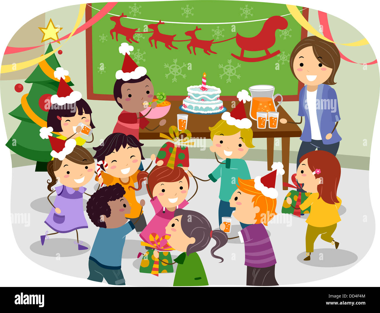 Illustration der Stickman-Kinder haben eine Weihnachtsfeier in der Schule Stockfoto