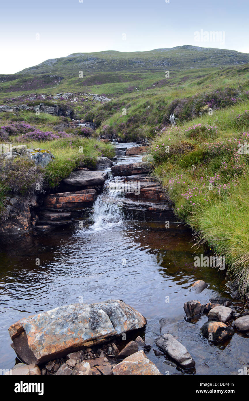 Eine Reihe von kleinen Wasserfällen fließt von der schottischen Berge schottischen Berge Beinn Enaiglair (ein Corbett) Loch nach Hause. Stockfoto