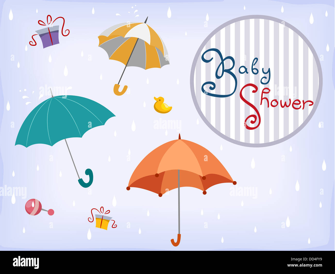 Illustration des Baby-Dusche Einladung Kartendesign mit Sonnenschirmen Stockfoto