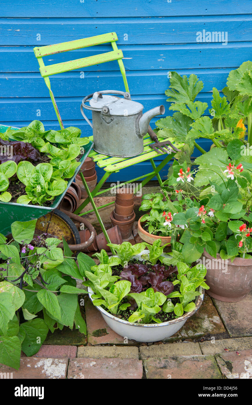 Kleine GartenEcke mit alten Schubkarre und alte emaillierte Schale
