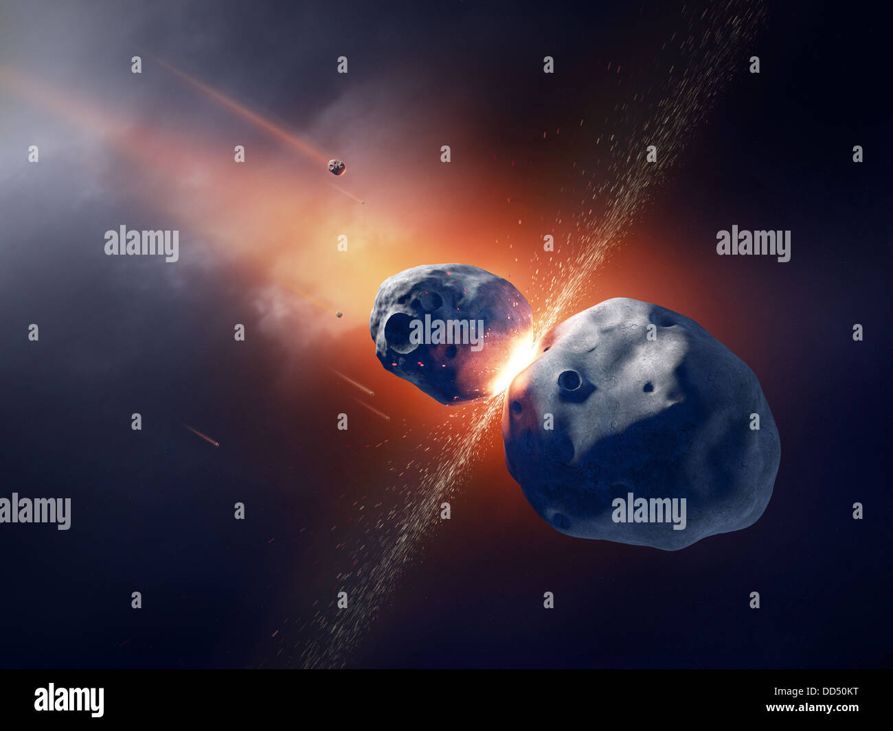 Asteroiden kollidieren und explodieren im Deep space Stockfoto