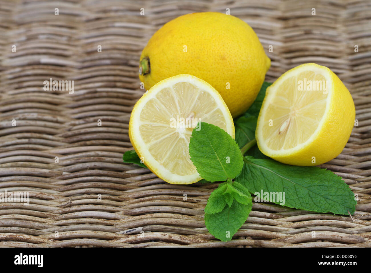 Zitrone und Minze auf Weide mit Textfreiraum Stockfoto