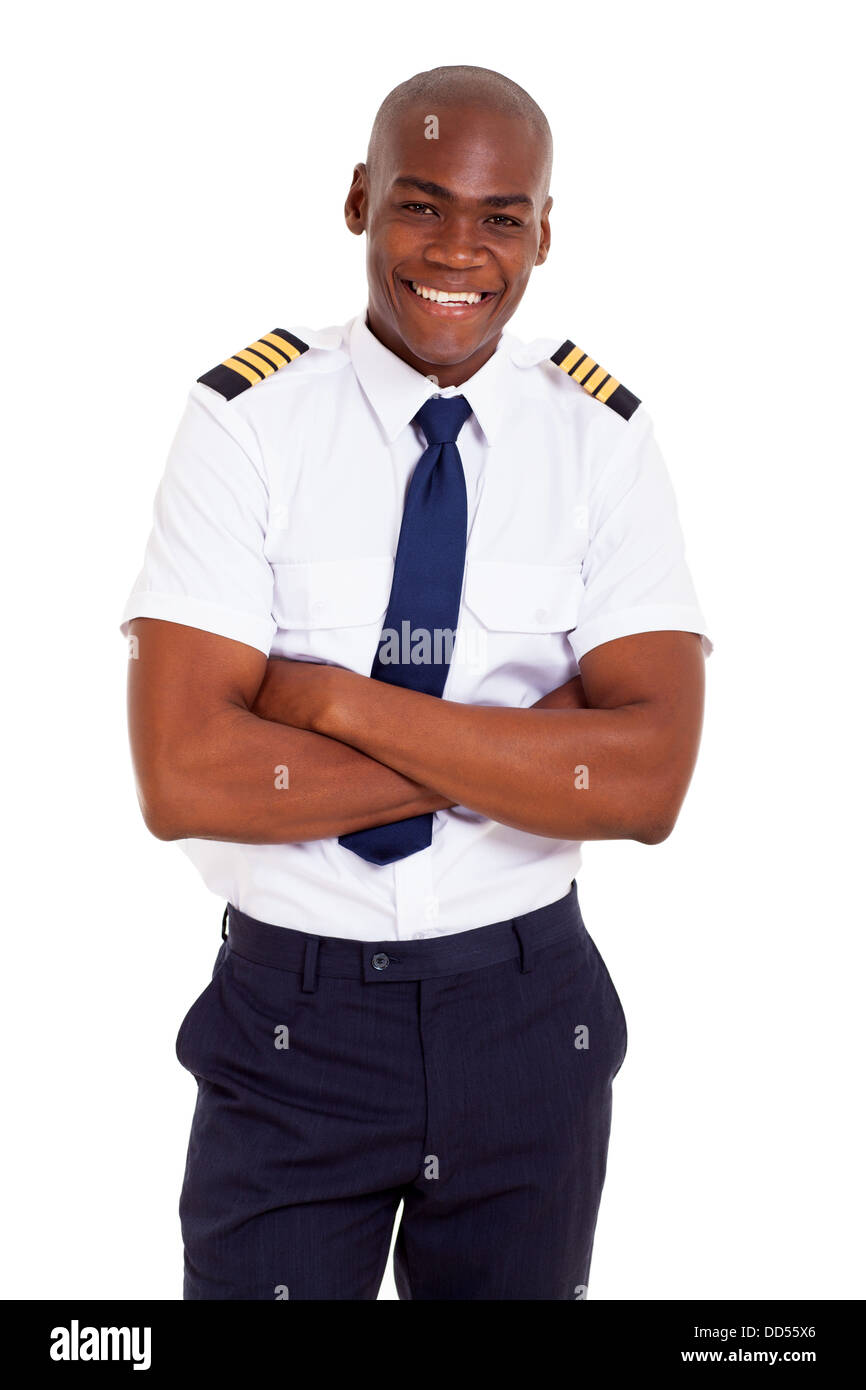 schöne afrikanische Pilot in Uniform isoliert auf weiss Stockfoto