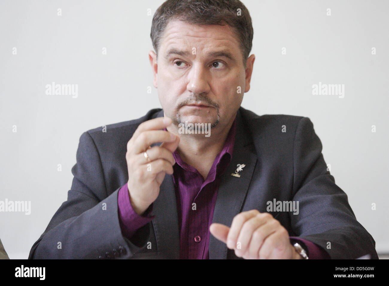 Danzig, Polen 27. August 2013 Solidarität Vorsitzender Piotr Duda (im Bild) beteiligt sich an der Solidarität Union Meeteng einige Tage vor der Danziger August Vereinbarungen Jahrestag zur Debatte um den Geburtstag und aktuellen Gewerkschaftsangelegenheiten. Bildnachweis: Michal Fludra/Alamy Live-Nachrichten Stockfoto
