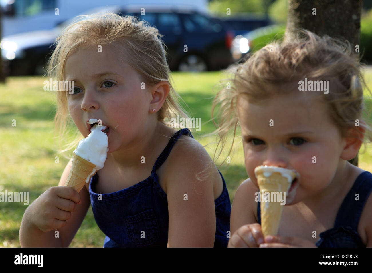 Schwestern, essen Eis Sahne Kegel im Schatten eines Baumes Stockfoto