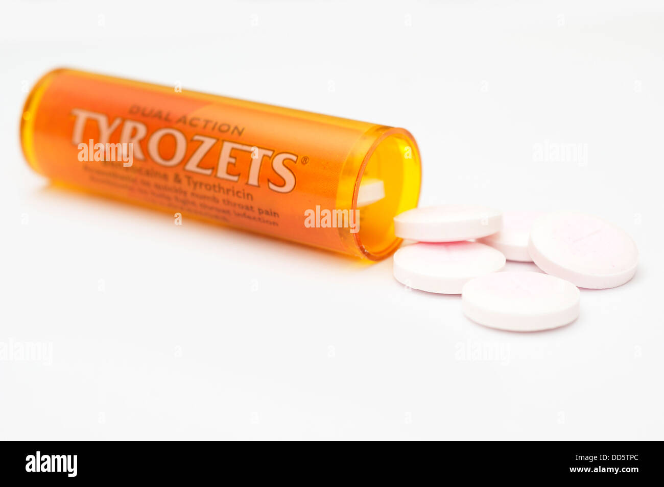 Tyrozets (Tyrothricin Benzocain) Antibiotika Narkose Tabletten Medizin für Infektionen & Irritationen im Mund & Kehle Stockfoto