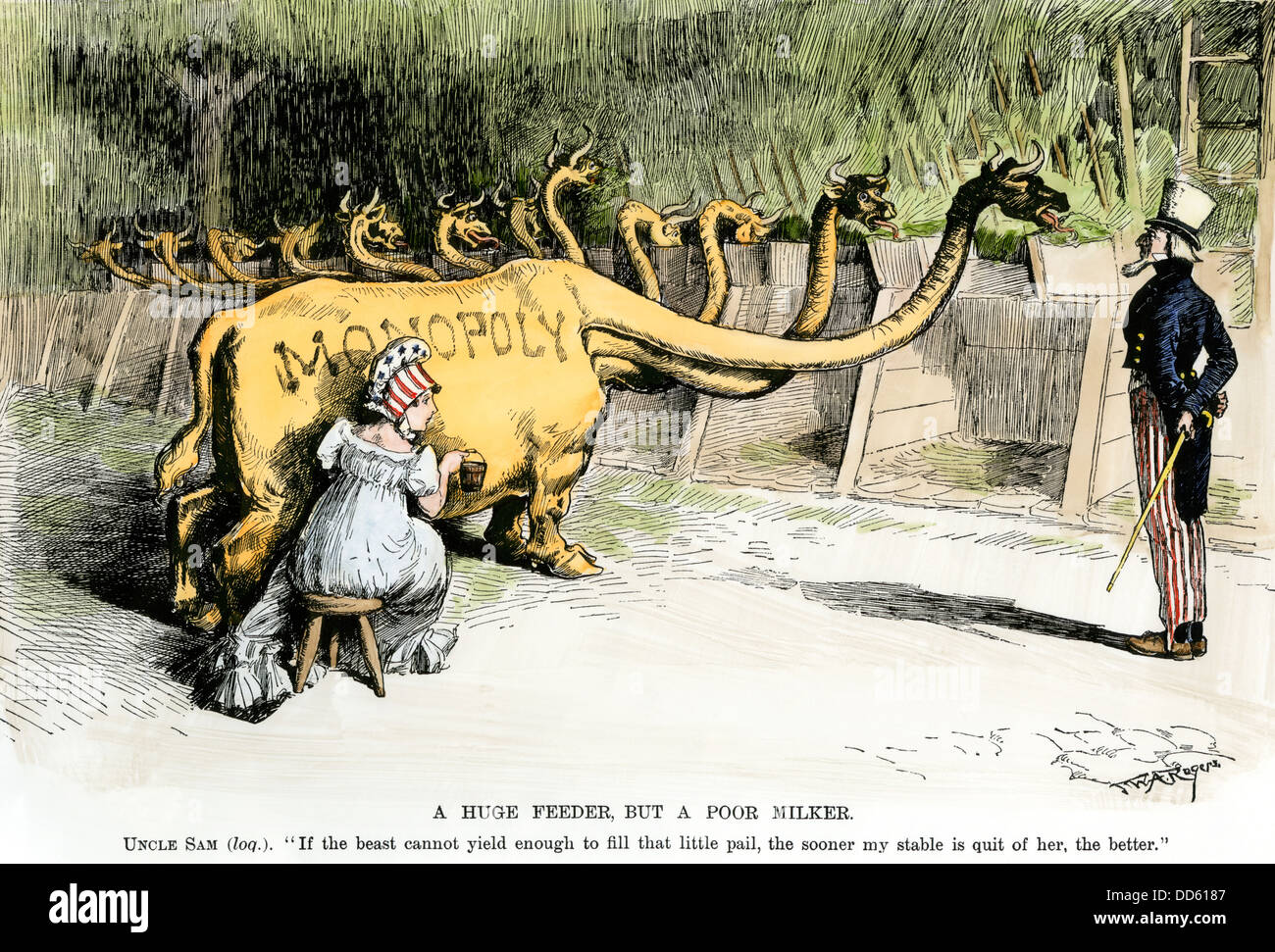 Monopol Drache", eine riesige Feeder, aber eine schlechte Melker, 'Cartoon 1887 Begünstigung Kartellrecht. Hand - farbige Holzschnitt von W.A. Rogers Cartoon Stockfoto