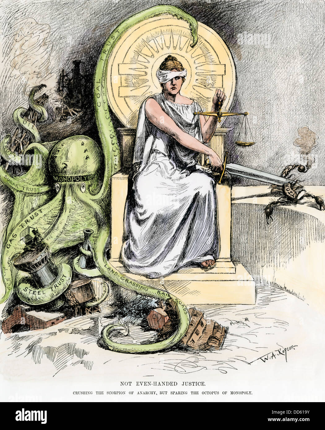 Gerechtigkeit, Entblindeten Quetschen, Anarchie, aber sparsam Monopol, Cartoon von 1888. Hand - farbige Holzschnitt von W.A. Rogers Cartoon Stockfoto