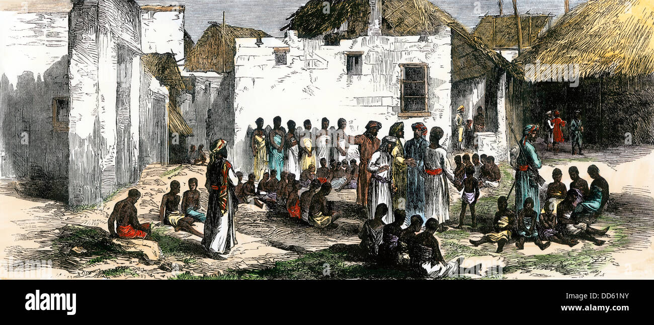 Der zuletzt geöffneten Sklavenmarkt, auf Sansibar in Afrika, 1870. Hand - farbige Holzschnitt Stockfoto