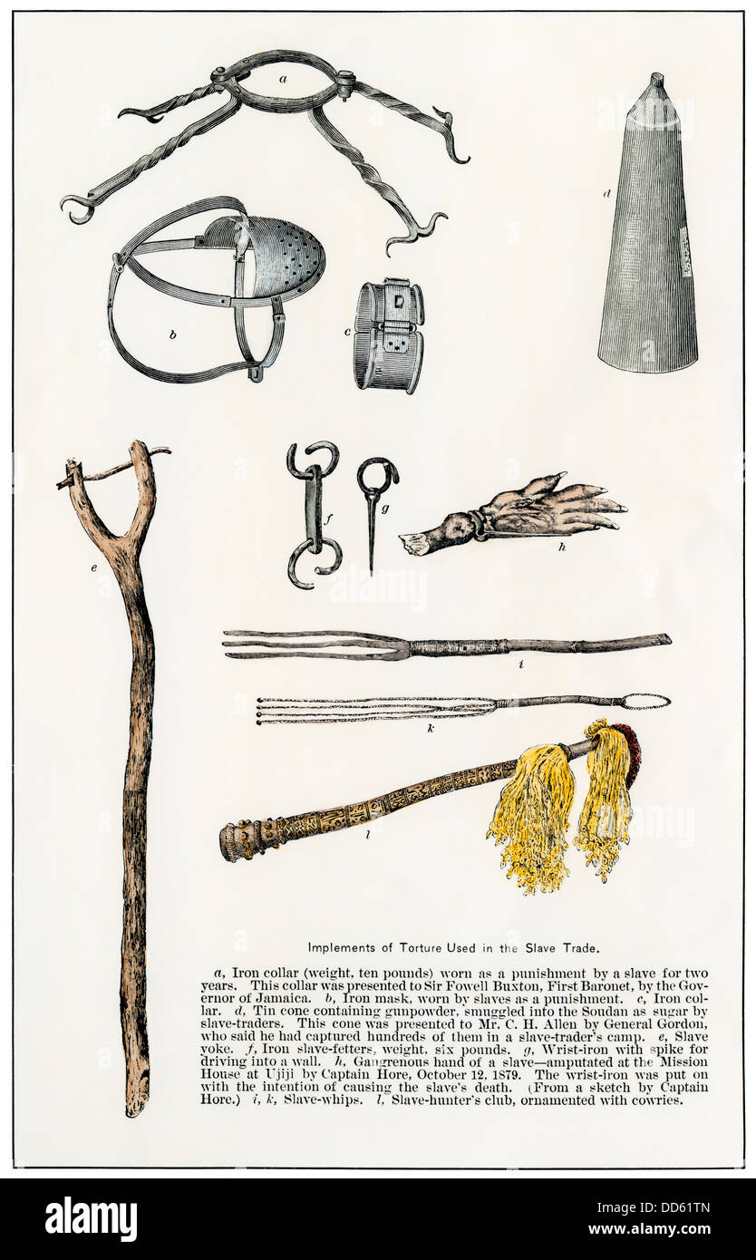 Folterinstrumente in der afrikanischen Sklavenhandel verwendet. Hand - farbige Holzschnitt Stockfoto