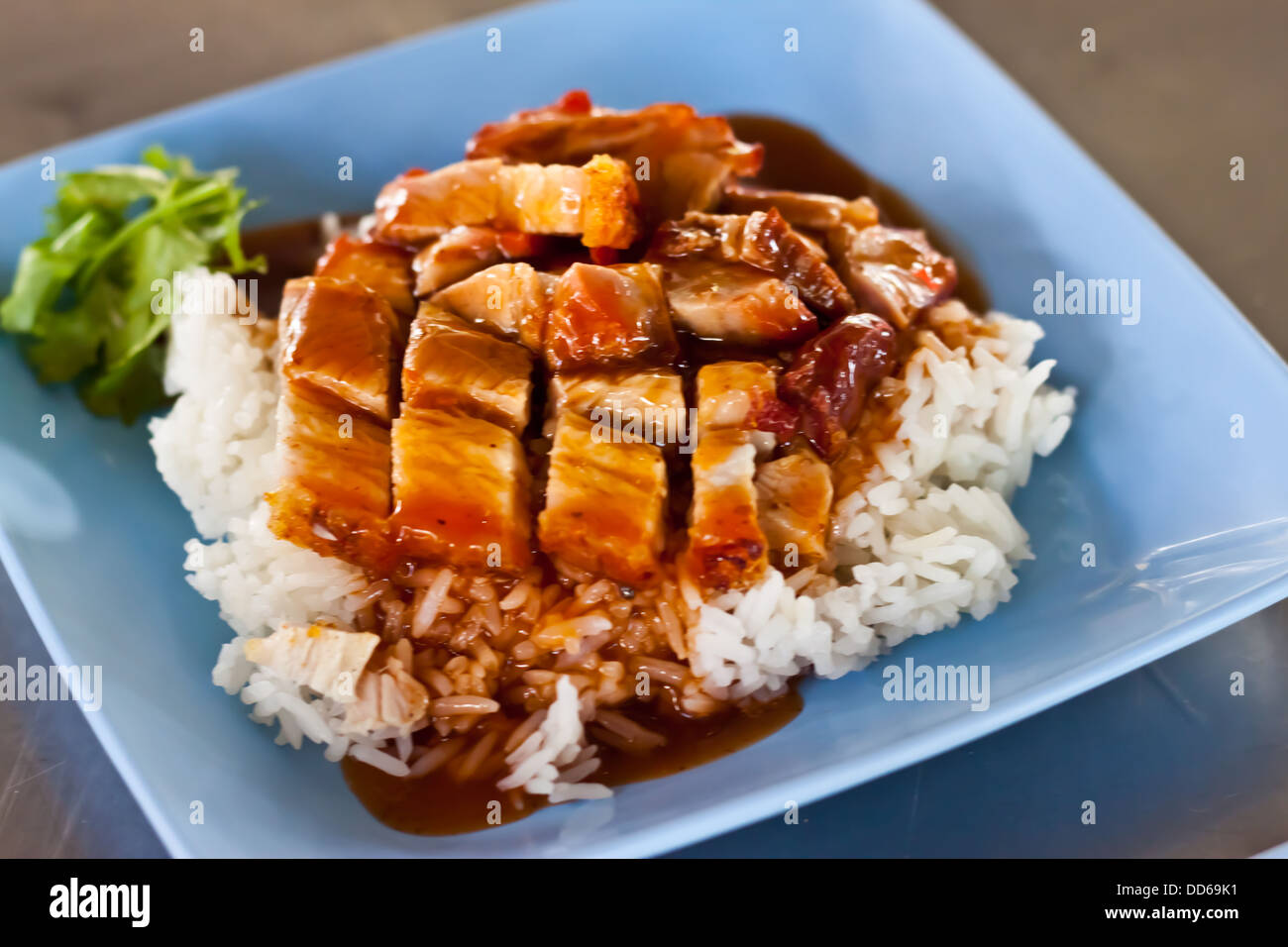 Reis mit gebratenem Schweinefleisch Stockfoto