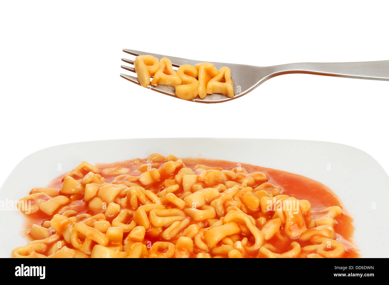 Nahaufnahme von einem Teller Spaghetti Alphabet, mit Buchstaben auf eine Gabel-Rechtschreibung-pasta Stockfoto