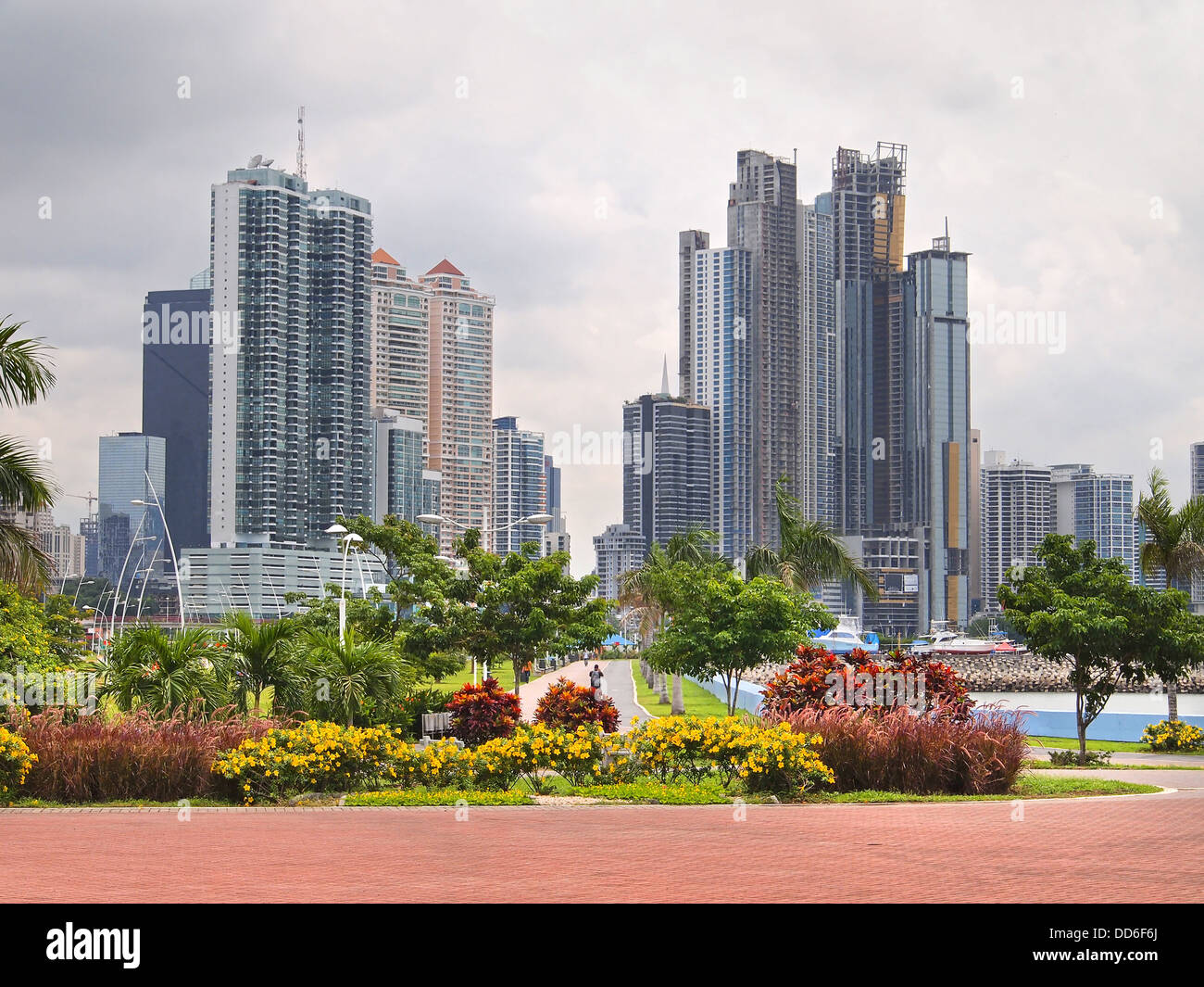 Wolkenkratzer und Blumen in Panama City, Panama, Mittelamerika Stockfoto