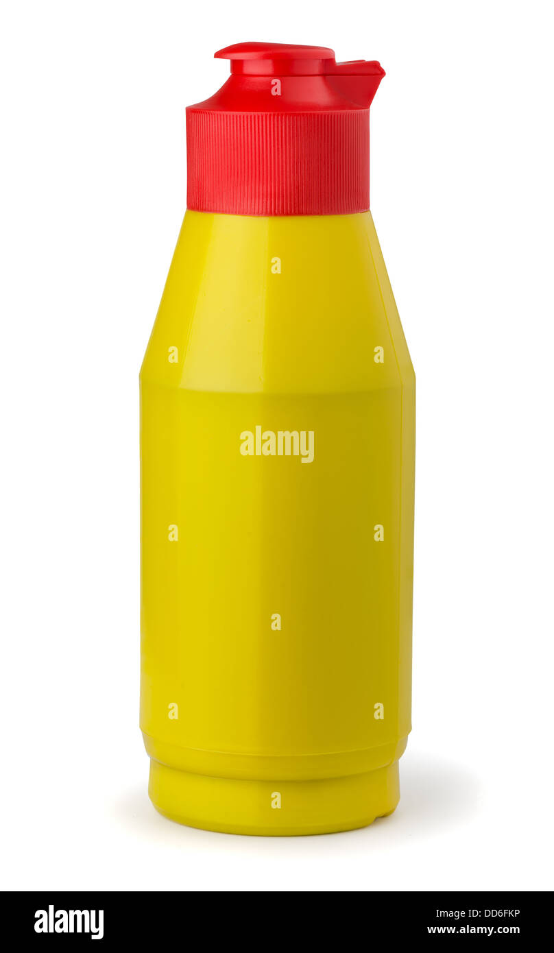 Gelben Senf Plastikflasche isoliert auf weiss Stockfoto