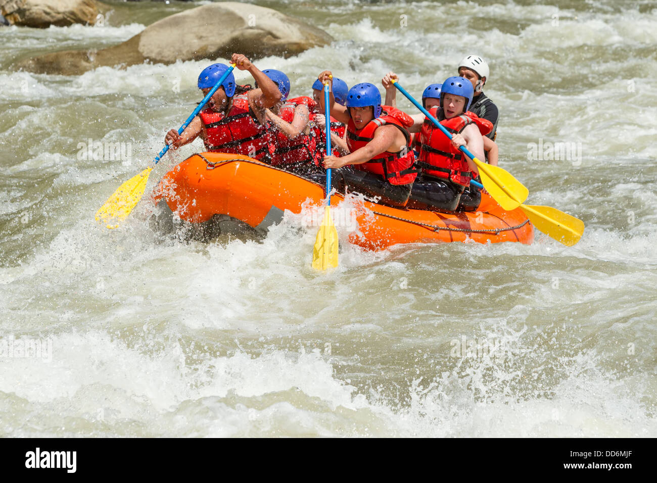 White Water Rafting Team im hellen Sonnenlicht Pastaza Fluss Ecuador Nationalpark Sangay Stockfoto