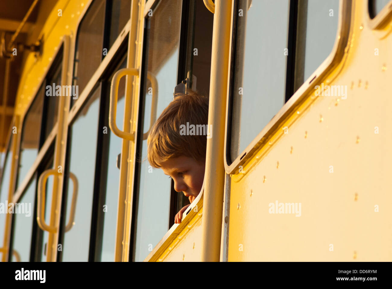 Ein kleiner Junge aus einem Sydney Harbour Fähre Fenster, Sydney, Australien Stockfoto