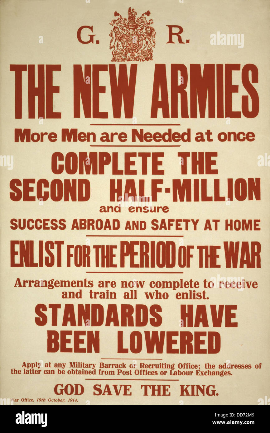 1. Weltkrieg. Britische recruiting Poster ausgestellt durch das Kriegsministerium im Oktober 1914. Großbritannien setzte auf freiwilligen bis März Stockfoto