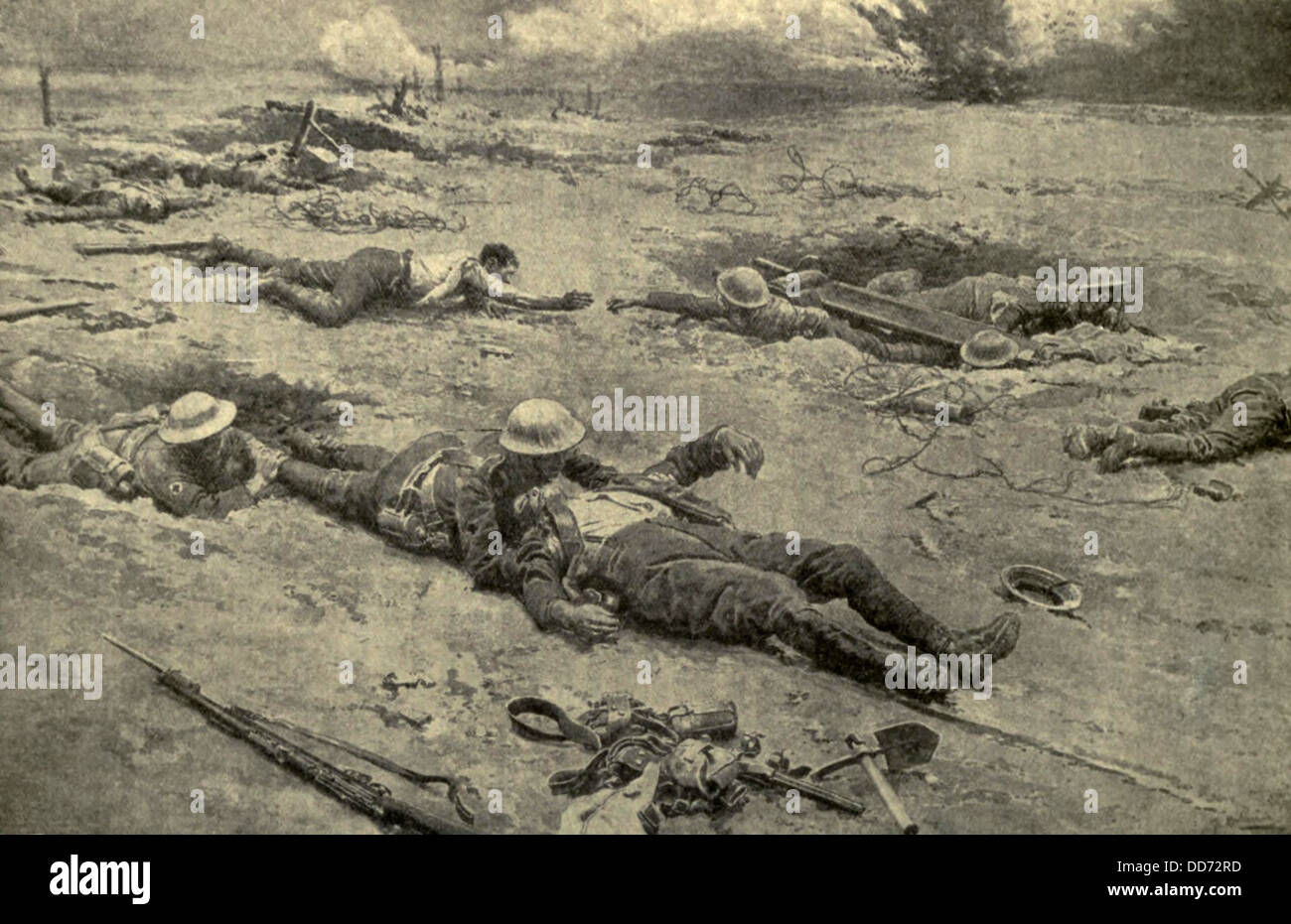 1. Weltkrieg. R.A.M.C. (Royal Army Medical Corps) bringen den Verwundeten aus Niemandsland Land nach einem Kampf. In vielen Fällen Stockfoto