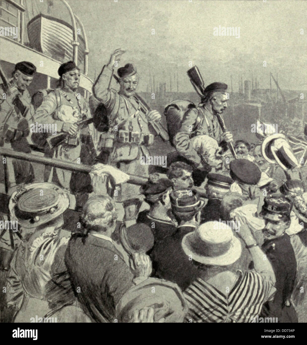 1. Weltkrieg. Die Ankunft des britischen Expeditionskorps in Boulogne, Frankreich. Die Schotten sind von französischen Zuschauer in begrüßt. Stockfoto