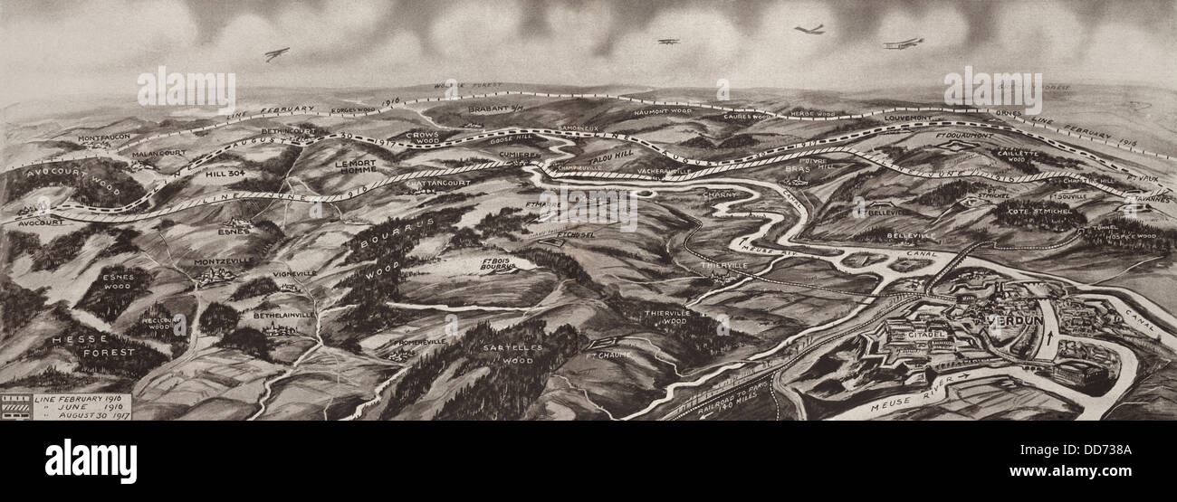 1. Weltkrieg Karte des Schlachtfeldes von Verdun. 1917. Karte zeigt Le