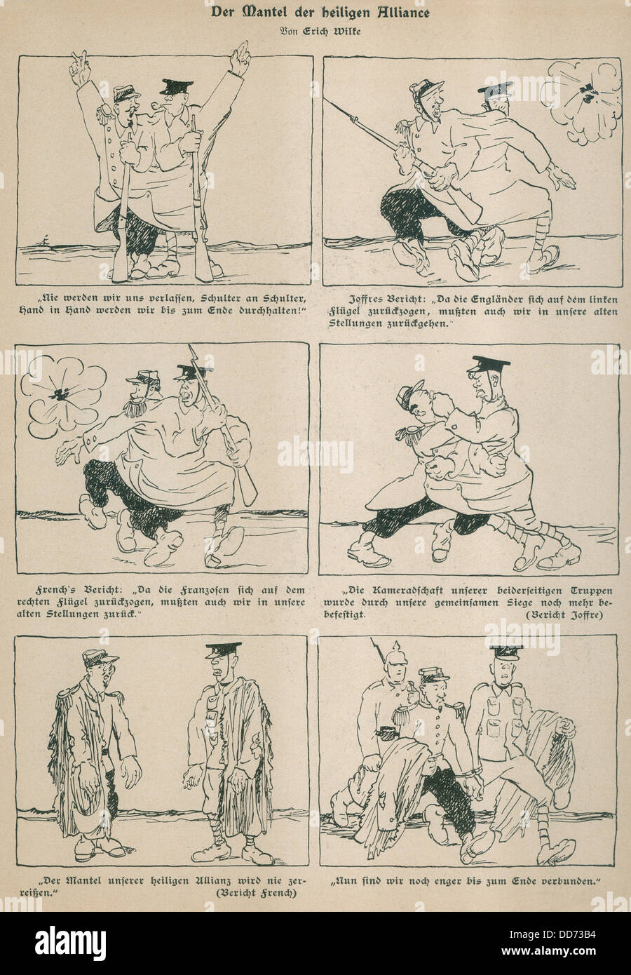 Deutsch WW1 Cartoon Spott der "der Mantel der Heiligen Allianz." 1915. es zeigt Großbritannien und Frankreich streiten sich um wie Sie arbeiten Stockfoto