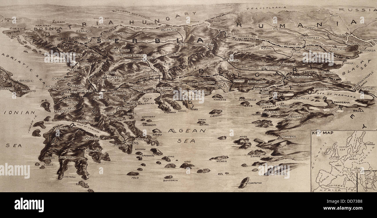 1. Weltkrieg-Karte von der Region des Balkans. 1916. Karte von Serbien, Bulgarien, Rumänien, Griechenland, Bosnien, Herzegowina und die Meere Stockfoto