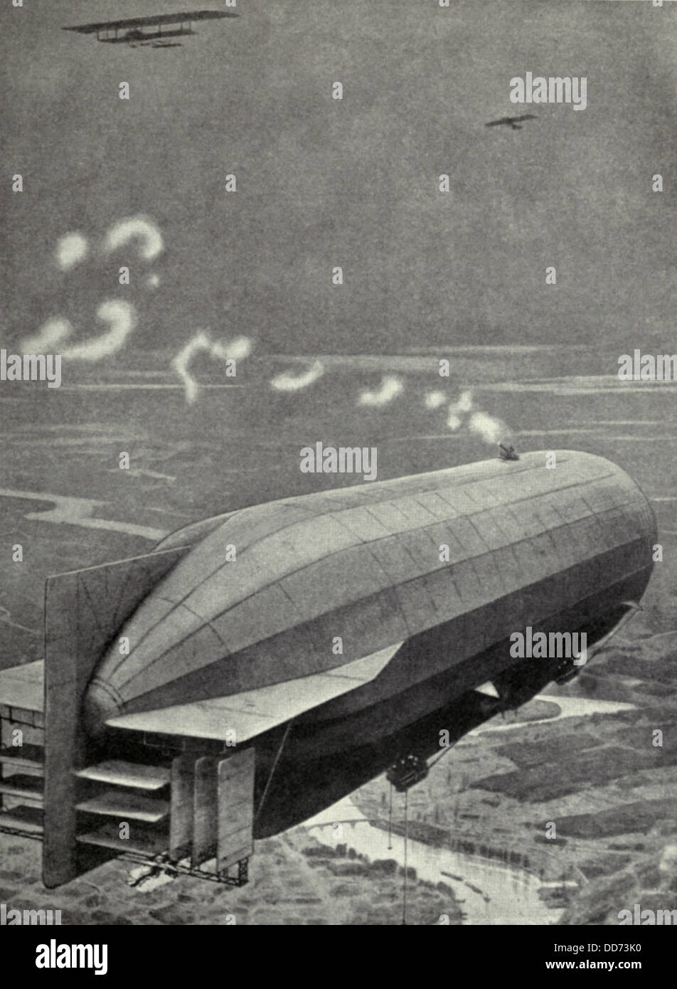 WW1 deutschen Zeppeline montiert Waffen auf ihre Körper zur Abwehr von Flugzeugen. 1915. britischen Jäger angegriffen Zeppeline mit Stockfoto
