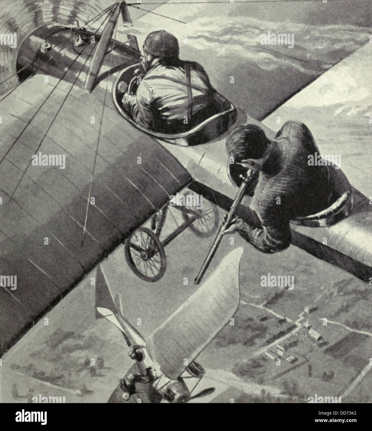 Britische zweisitzige Eindecker Brände auf ein Kämpfer WW1 deutsche Taube. 1914 / 15. eine Gewehr wird verwendet, um den Piloten der deutschen schießen Stockfoto