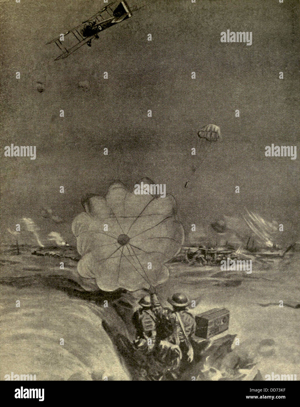 WW1 britische Flugzeuge sank Munition Fallschirme an isolierten Front. 1918 (BSLOC 2012 4 83) Stockfoto