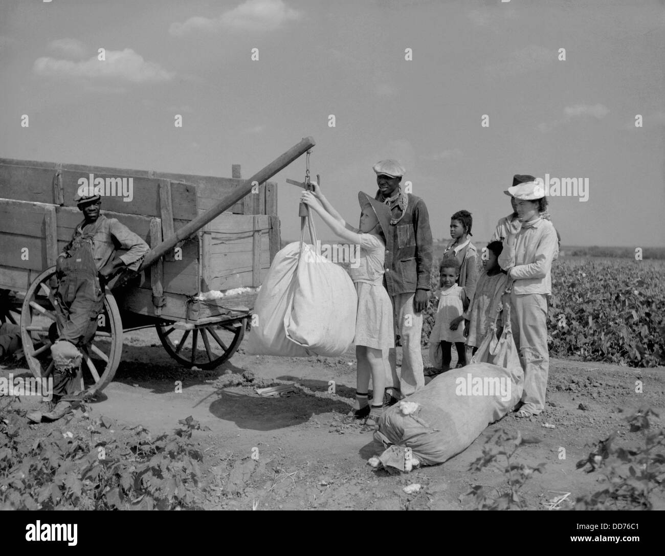 Tagelöhner warten als weißer Plantagenbesitzer junge Tochter ihre gepflückten Baumwolle, Texas, 1936 wiegt. Foto: Arthur Stockfoto