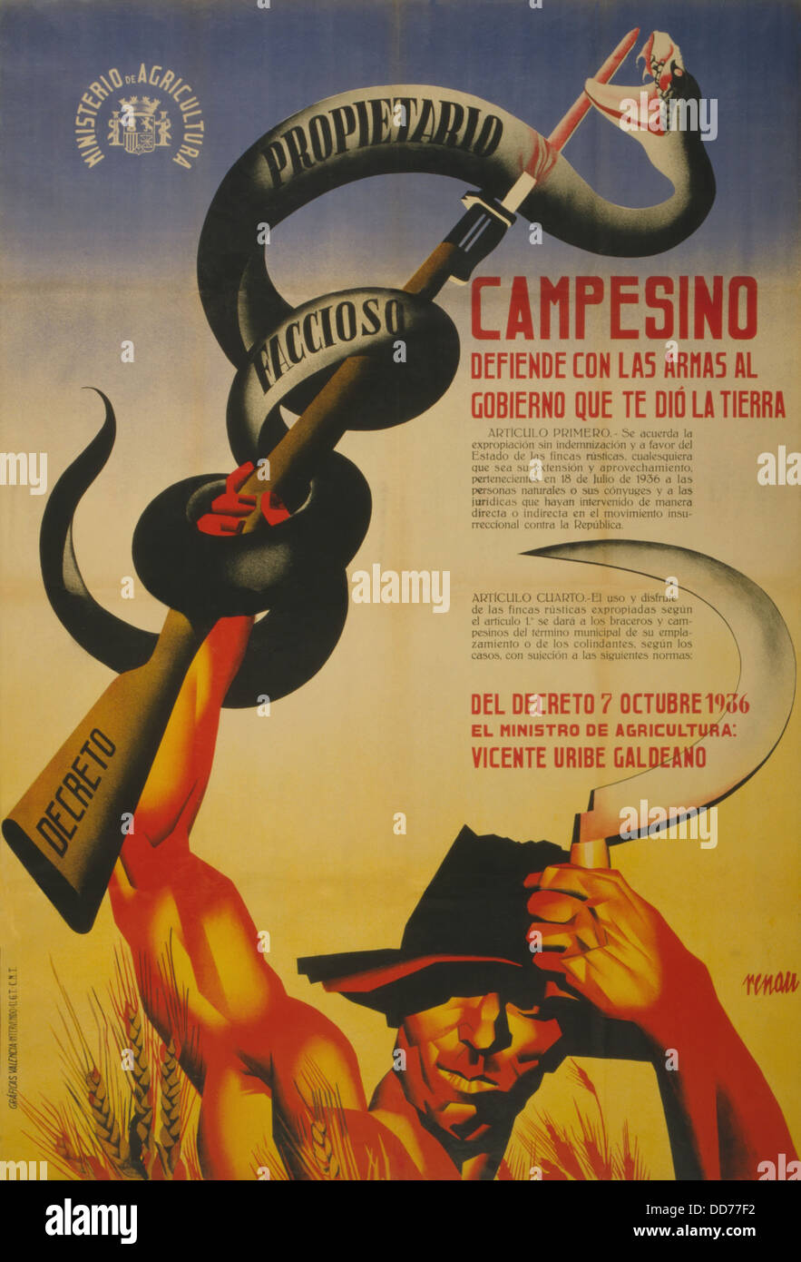 VERTEIDIGEN SIE LANDWIRT, MIT WAFFEN DER REGIERUNG, DIE IHNEN LAND GAB. Spanischen Bürgerkrieg Plakat präsentieren republikanisch, Anti-Franco Stockfoto