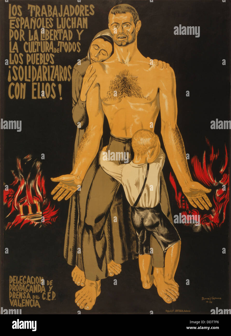 SPANISCHE ARBEITNEHMER KÄMPFEN FÜR DIE FREIHEIT UND DIE KULTUR DER ALLE STÄDTE. SOLIDARITÄT MIT IHNEN. 1936-spanischen Bürgerkrieg-Plakat Stockfoto