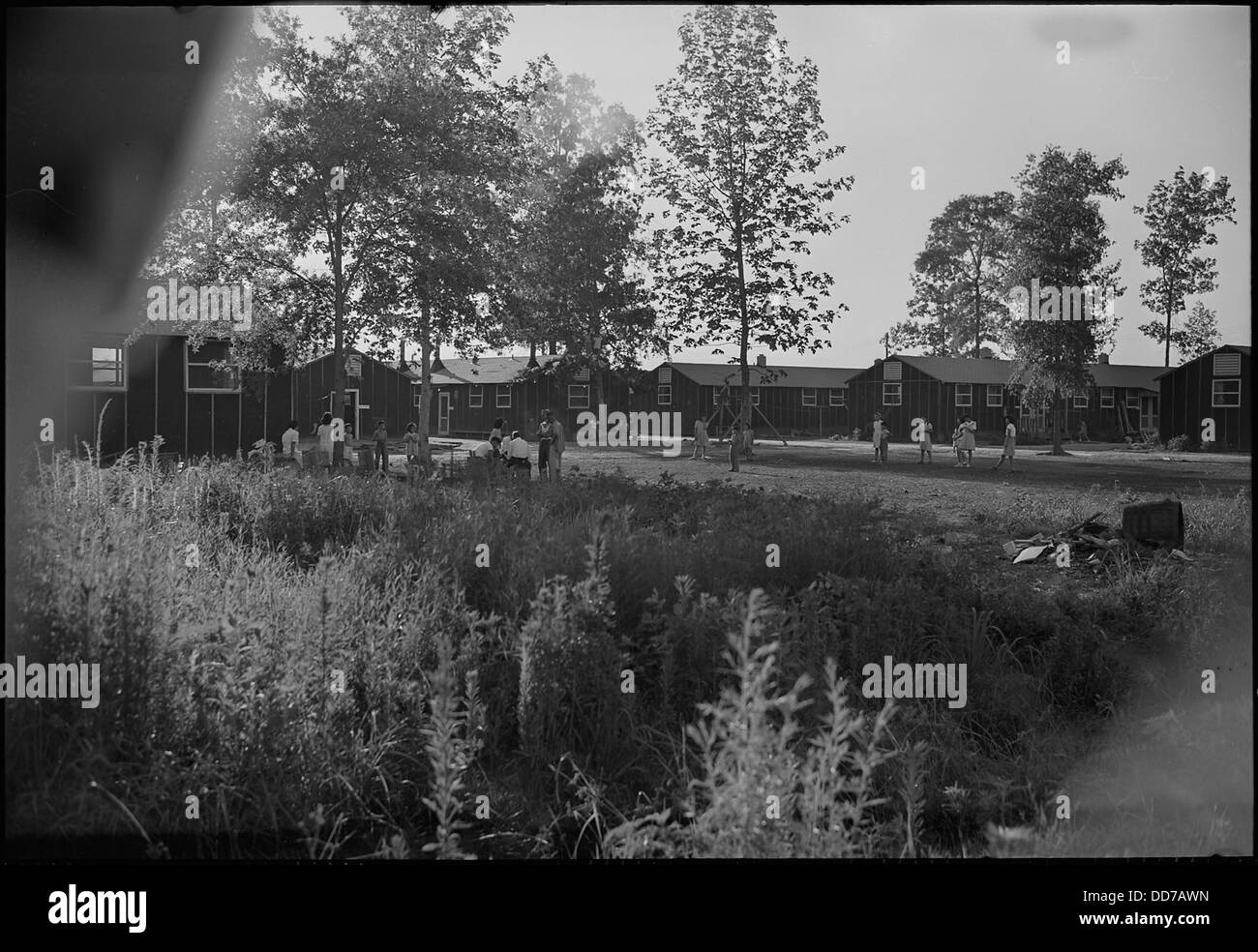 Eine typische Szene am frühen Abend im Jerome Relocation Center in Denson, Arkansas, während der Schließung, die die Atmosphäre des Camps widerspiegelt. Stockfoto