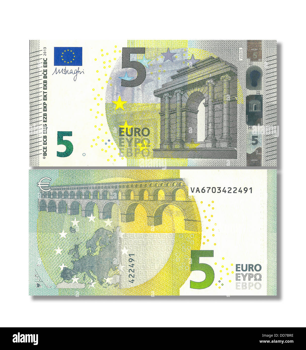 Neue 5 Euro-Banknote vor weißem Hintergrund, Nahaufnahme Stockfoto