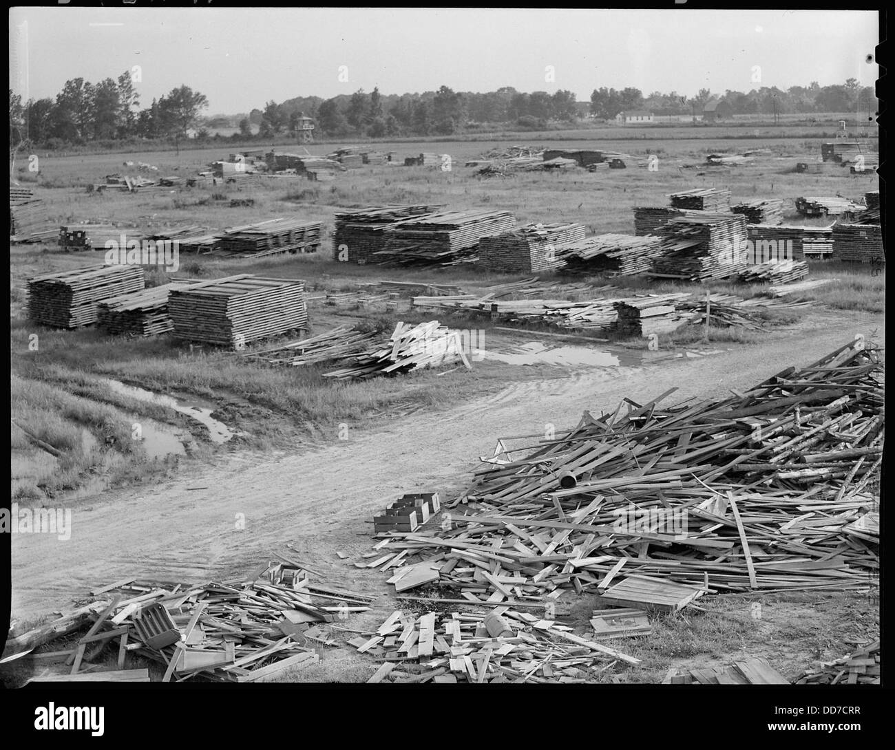 Ein Blick auf den Holzhof des Jerome Relocation Center in Denson, Arkansas, der den Ort während seiner Schließung zeigt, was das Ende des Internierungslagers widerspiegelt. Stockfoto