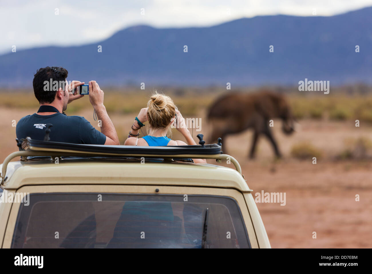 Afrika, Kenia, Ansicht von Touristen unter Bild des Elefanten in Samburu National Reserve Stockfoto