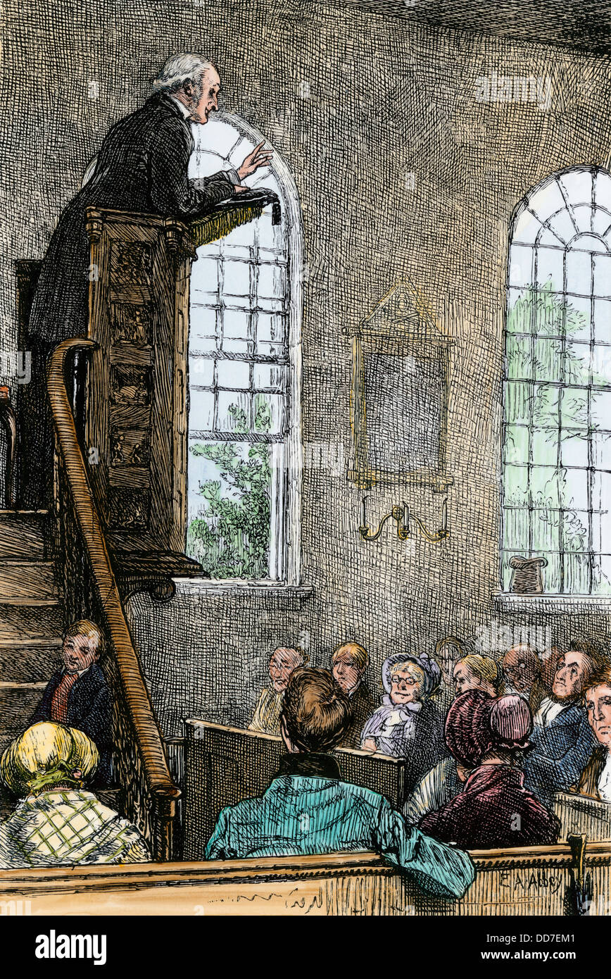 Evangelischer Pastor, eine Sonntagspredigt, Anfang des 19. Jahrhunderts. Hand - farbige Holzschnitt eines E.A. Abtei Abbildung Stockfoto