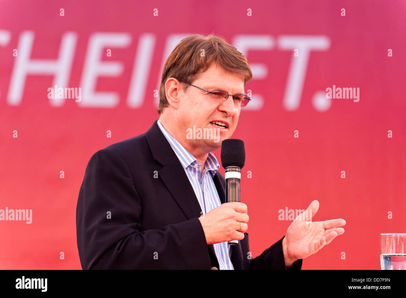 Kiel, Deutschland, 27. August 2013, SPD-Vorsitzende des Landes Schleswig-Holstein, Ralf Stegner, während einer Wahl-Kampagne-Veranstaltung Stockfoto