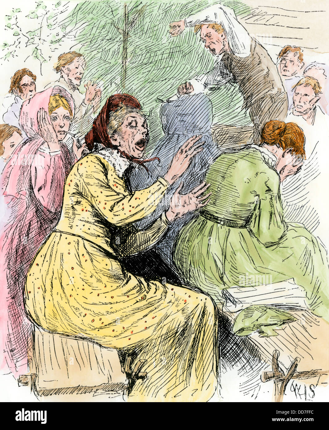 Outdoor Revival Meetings in der Landschaft, 1800. Hand - farbige Holzschnitt Stockfoto