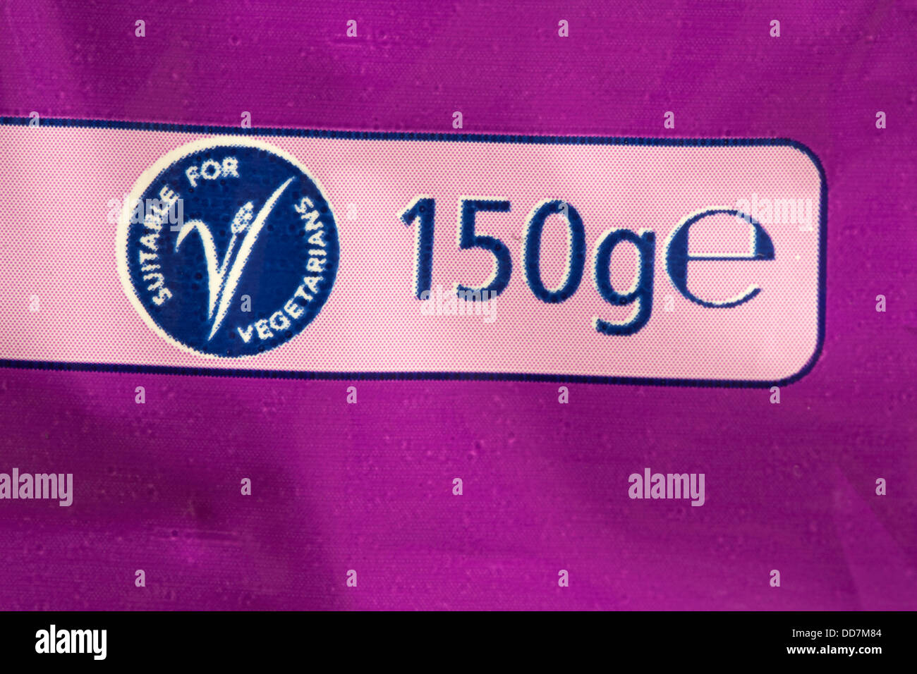 150 g für Vegetarier geeignet Symbol logo Informationen über Keks Wrapper Stockfoto