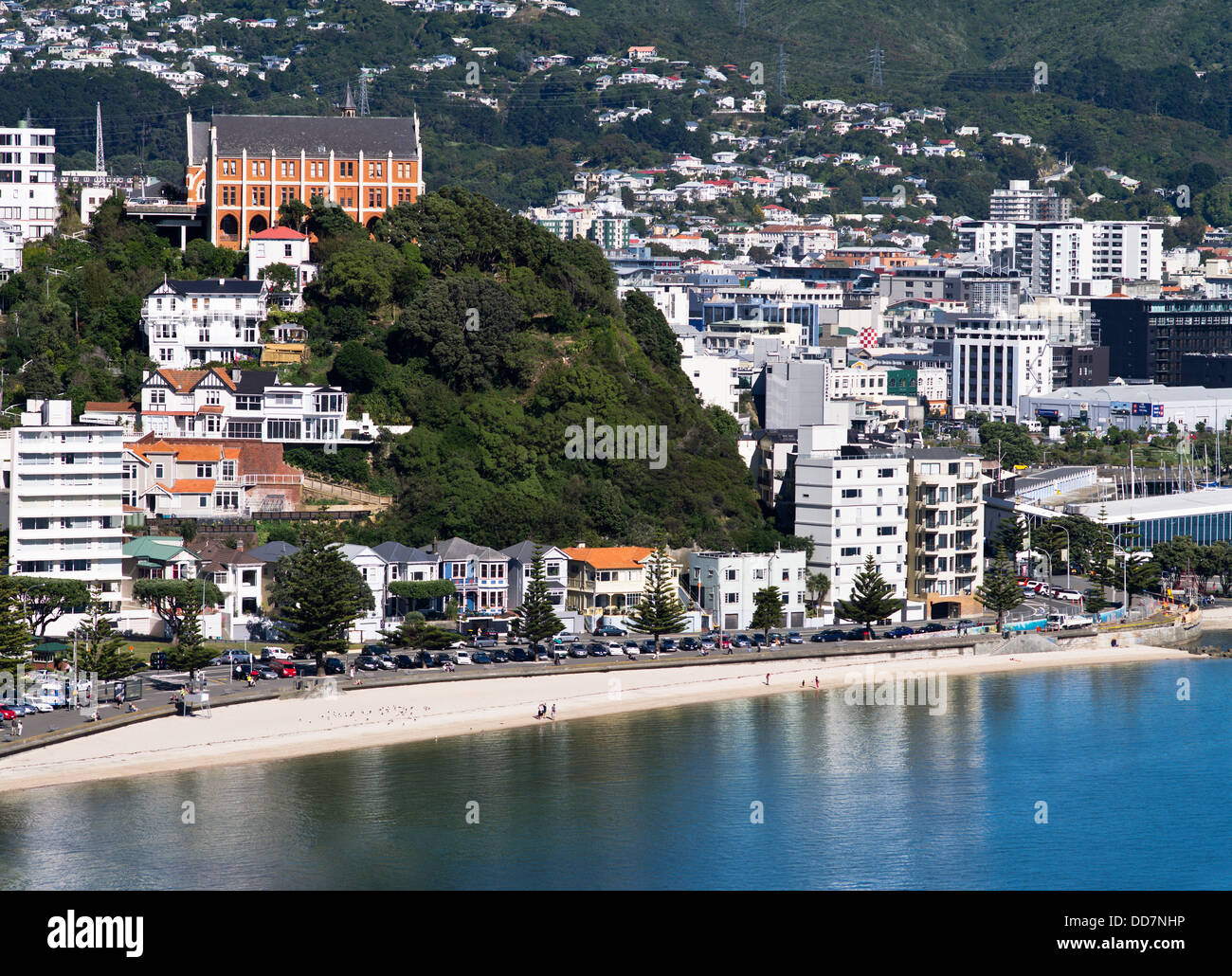 dh Oriental Bay WELLINGTON NEW ZEALAND St. Gerards Kloster am Wasser Häuser Wohnungen Blick auf Strand nz Küste Stockfoto