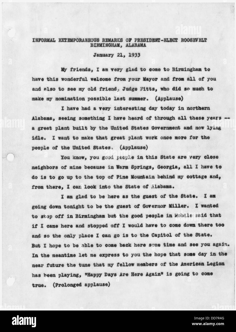 Eine Fotografie, die Franklin D. Roosevelt, den designierten Präsidenten, in Birmingham, Alabama, in der er seine Führung während des Wahlkampfes vorstellt. Stockfoto