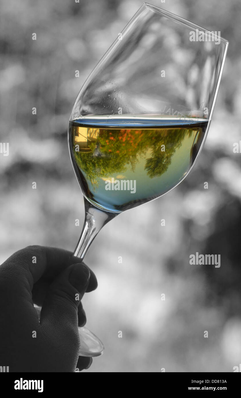 Dies ist ein Glas Wein, die als Objektiv verwendet wird, um die Landschaft zu spiegeln. Stockfoto