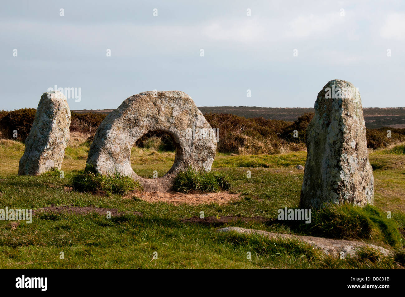 Mên ein Tol Menhire in Cornwall, Großbritannien. Stockfoto