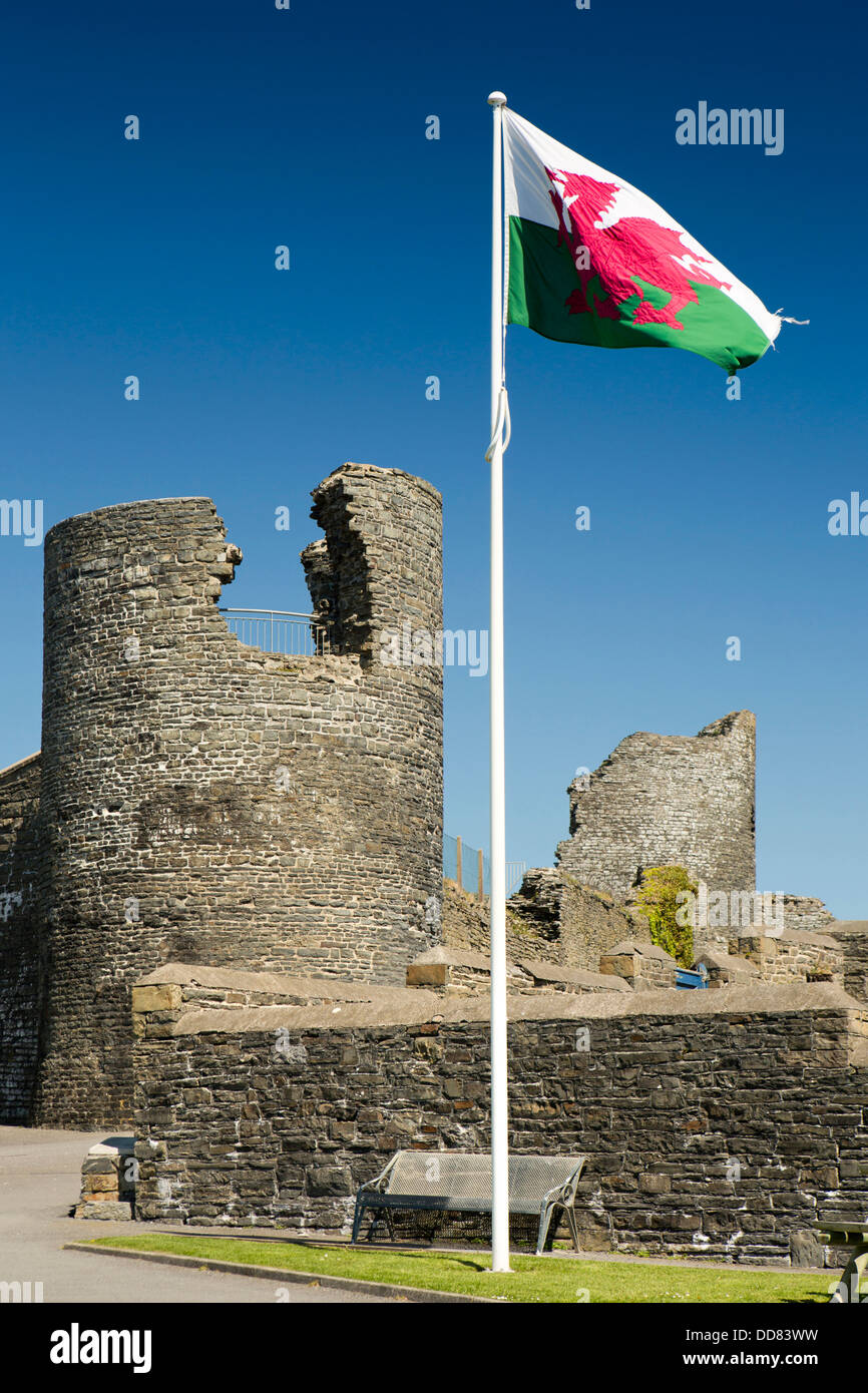 Großbritannien, Wales, Ceredigion, Aberystwyth, Welsh national Flagge von Burg Fahnenmast Stockfoto